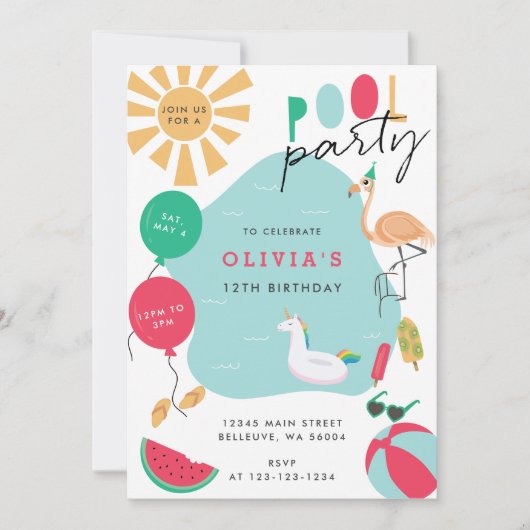 Invitation fête d'anniversaire de la piscine (Devant)