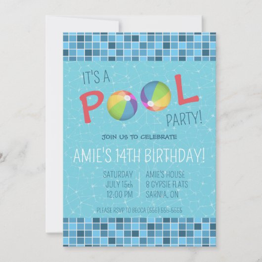 Invitation Fête d'anniversaire de la piscine (Devant)