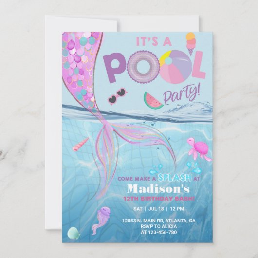 Invitation Fête d'anniversaire de la piscine de sirène, ma fi (Devant)