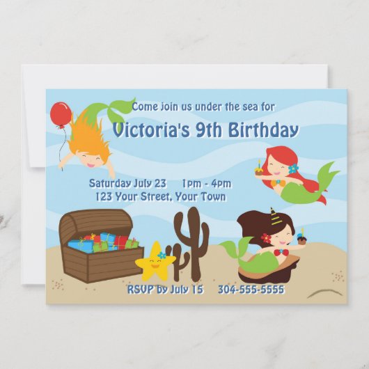 Invitation Fête d'anniversaire de la piscine de sirènes pour (Devant)