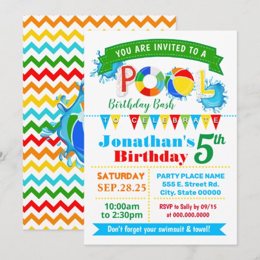 Invitation Fête d'anniversaire de la piscine en été (Devant / Derrière)