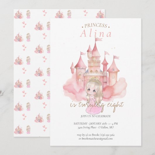 Invitation Fête d'anniversaire de la princesse (Devant / Derrière)