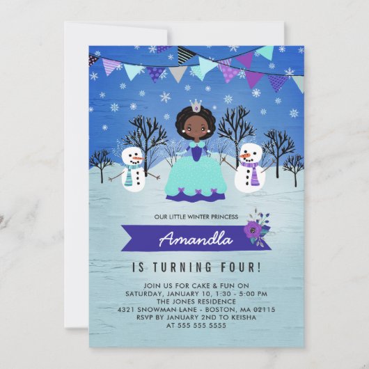 Invitation Fête d'anniversaire de la princesse d'hiver afro-a (Devant)