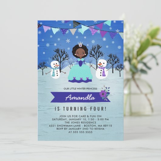 Invitation Fête d'anniversaire de la princesse d'hiver afro-a (Debout devant)