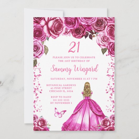 Invitation Fête d'anniversaire de la princesse Fuchsia Blonde (Devant)