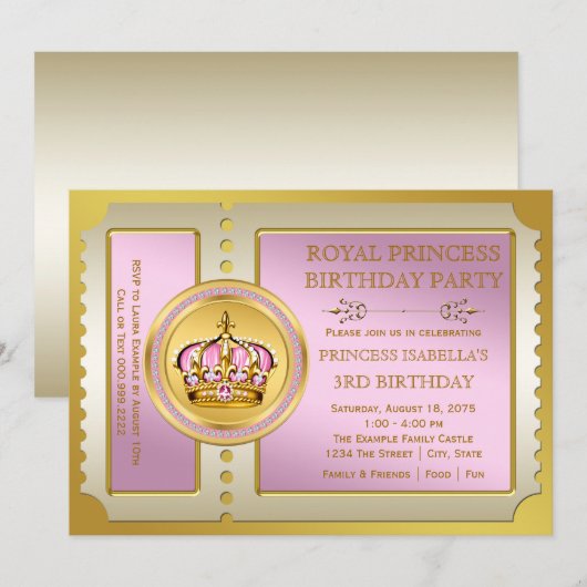 Invitation Fête d'anniversaire de la princesse rose (Devant / Derrière)
