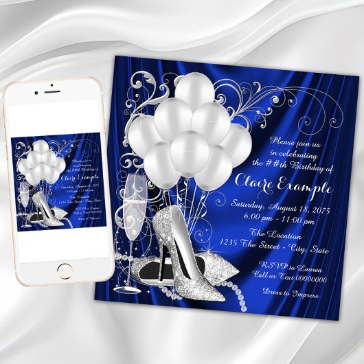 Invitation Fête d'anniversaire de la Royal Blue et d'argent L