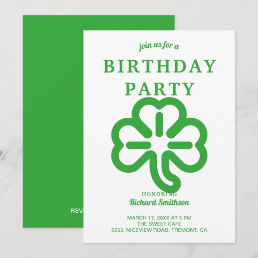 Invitation Fête d'anniversaire de la Saint-Patrick en vert tr (Devant / Derrière)