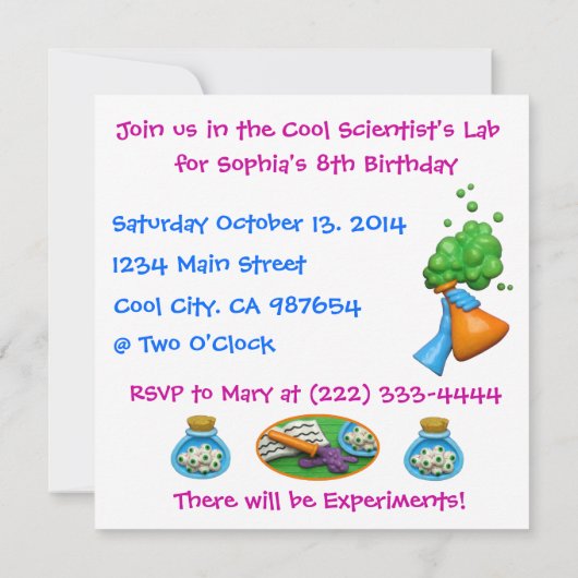Invitation Fête d'anniversaire de la science Cool pour les fi (Dos)