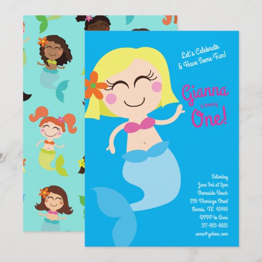 Invitation Fête d'anniversaire de la sirène (Devant / Derrière)