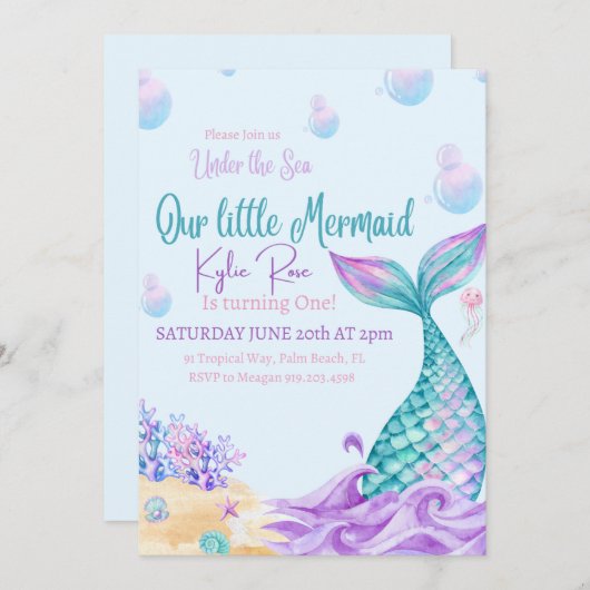 Invitation Fête d'anniversaire de la sirène (Devant / Derrière)