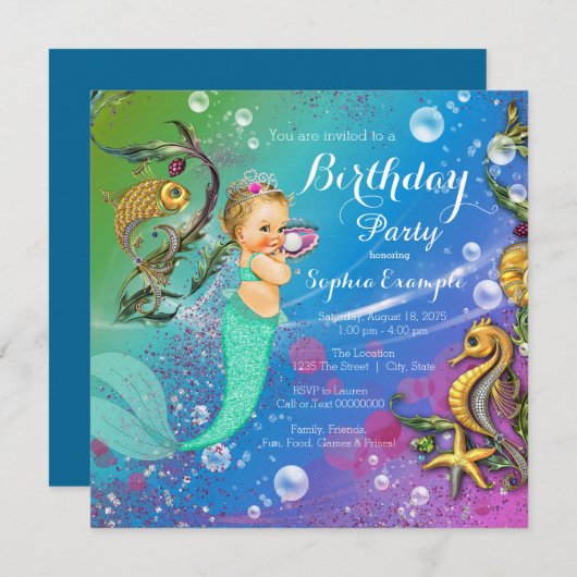 Invitation Fête d'anniversaire de la sirène (Devant / Derrière)