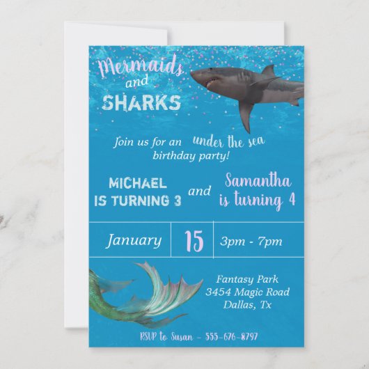 Invitation Fête d'anniversaire de la sirène et du requin sous (Devant)