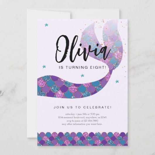 Invitation Fête d'anniversaire de la sirène Turquoise et viol (Devant)