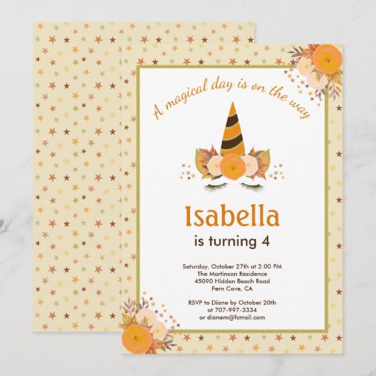 Invitation Fête d'anniversaire de la star magique de l'Unicor (Devant / Derrière)