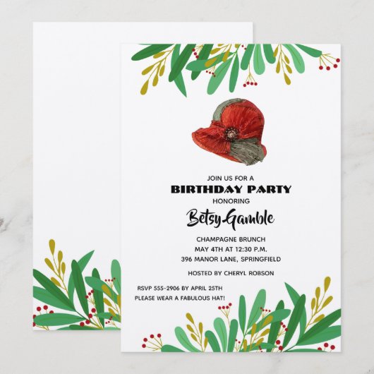 Invitation Fête d'anniversaire de la vintage dame Casquette (Devant / Derrière)