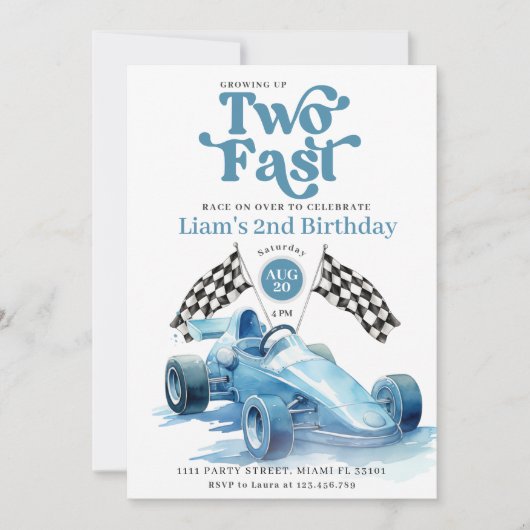 Invitation Fête d'anniversaire de la voiture de course bleue (Devant)