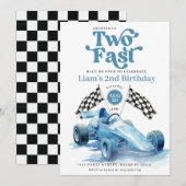 Invitation Fête d'anniversaire de la voiture de course bleue (Devant / Derrière)