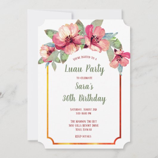 Invitation Fête d'anniversaire de l'adulte de Luau de ketmie (Devant)