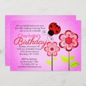 Invitation Fête d'anniversaire de Ladybug et des fleurs (Devant / Derrière)