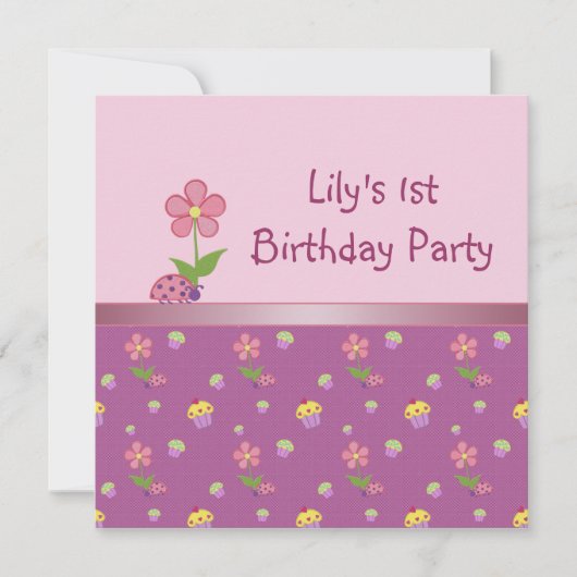 Invitation Fête d'anniversaire de Ladybug rose et Cupcake (Devant)