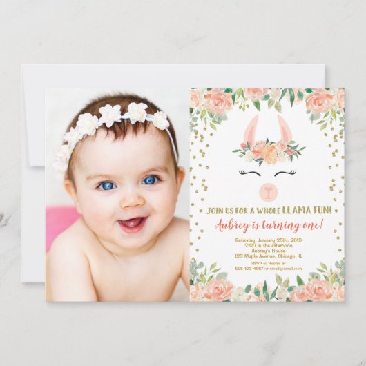 Invitation Fête d'anniversaire de lama, photo mignonne (Devant)