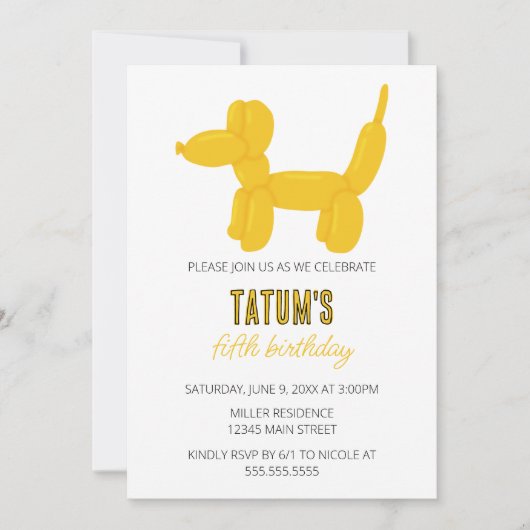 Invitation Fête d'anniversaire de l'animal de ballons de chie (Devant)