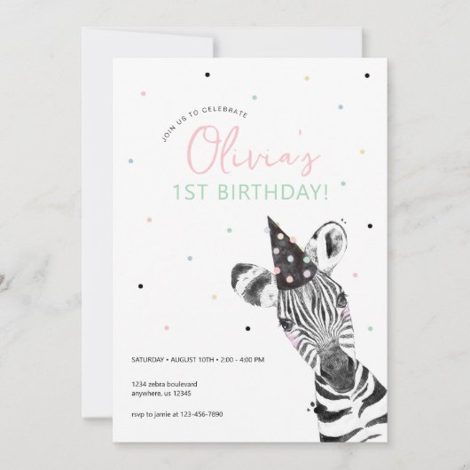Invitation Fête d'anniversaire de l'animal zèbre  (Devant)