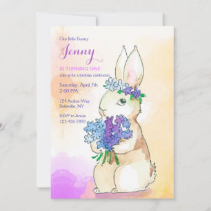 Invitation Fête d'anniversaire de lapin avec bouquet de fleur