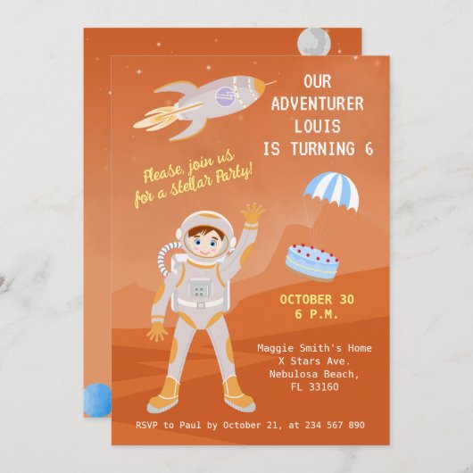 Invitation Fête d'anniversaire de l'astronaute de Mars (Devant / Derrière)