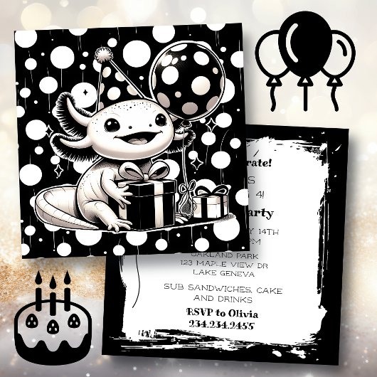 Invitation Fête d'anniversaire de l'Axolotl noir et blanc