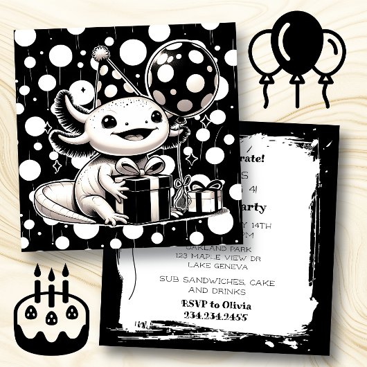 Invitation Fête d'anniversaire de l'Axolotl noir et blanc