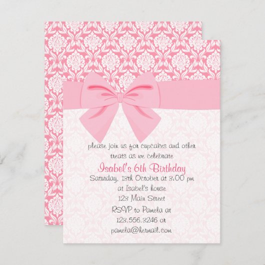 Invitation Fête d'anniversaire de l'Élégante Bow Bow Wrap ros (Devant / Derrière)