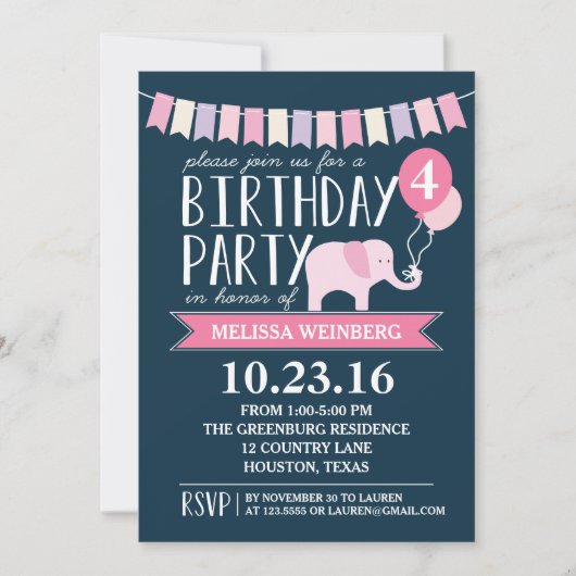Invitation Fête d'anniversaire de l'éléphant selon l'âge | An (Devant)