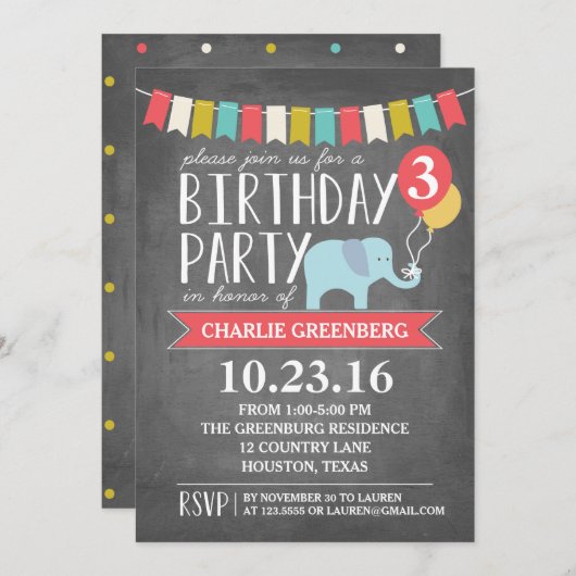 Invitation Fête d'anniversaire de l'éléphant selon l'âge | An (Devant / Derrière)
