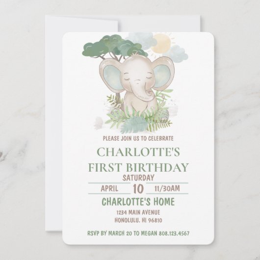 Invitation Fête d'anniversaire de l'éléphant vert (Devant)