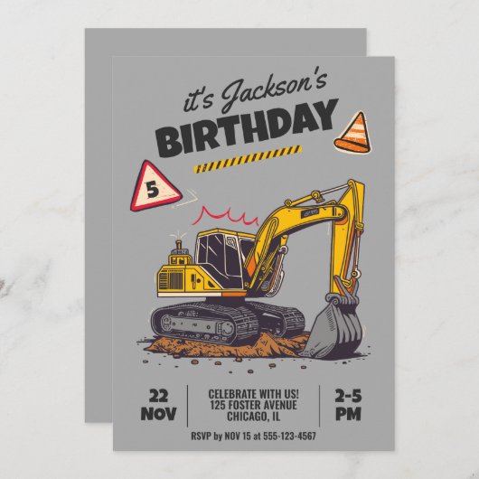 Invitation Fête d'anniversaire de l'enfant à thème de constru (Devant / Derrière)