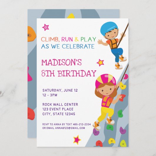 Invitation Fête d'anniversaire de l'Escalade Rock pour enfant (Devant / Derrière)