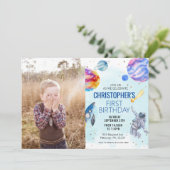 Invitation Fête d'anniversaire de l'espace astronaute bleu (Debout devant)