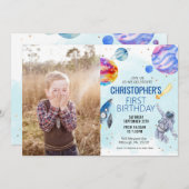 Invitation Fête d'anniversaire de l'espace astronaute bleu (Devant / Derrière)