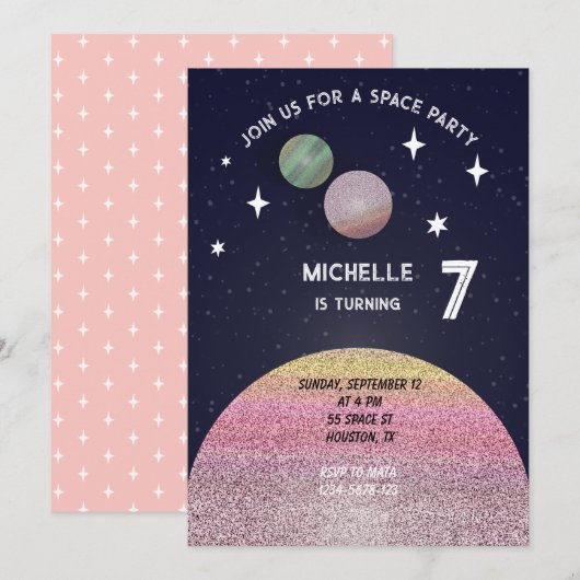 Invitation Fête d'anniversaire de l'espace en rose (Devant / Derrière)