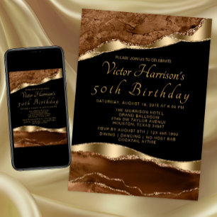 Invitation Fête d'anniversaire de l'homme Brun Noir Agate Or