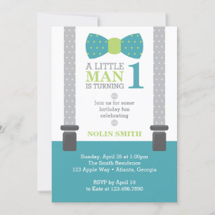 Invitation Fête d'anniversaire de Little Man, Turquoise, Gris