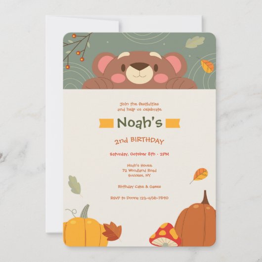 Invitation Fête d'anniversaire de l'ours d'automne (Devant)