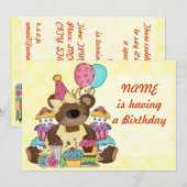 Invitation Fête d'anniversaire de l'Ours de Teddy (Devant / Derrière)