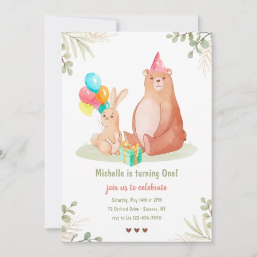 Invitation Fête d'anniversaire de l'ours et du lapin (Devant)