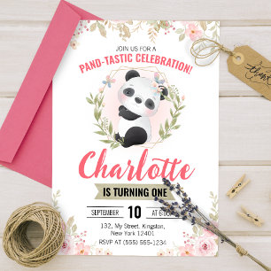 Invitation Fête d'anniversaire de l'ours panda floral mignon