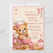 Invitation Fête d'anniversaire de l'ours rose 7 ans (Devant)