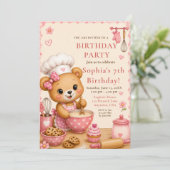 Invitation Fête d'anniversaire de l'ours rose 7 ans (Debout devant)