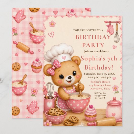 Invitation Fête d'anniversaire de l'ours rose 7 ans (Devant / Derrière)